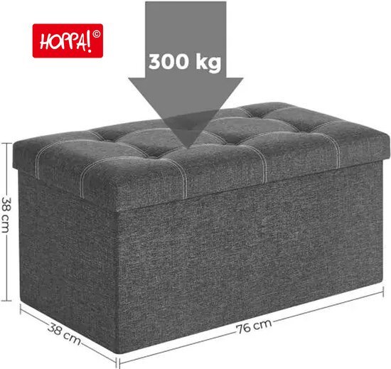 Grijze opbergkist met capitonnage, 76x38x38 cm, met pijl en "300 kg" erop aangegeven.