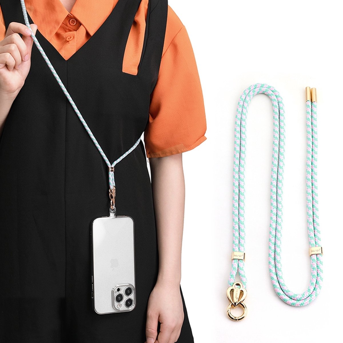 Sulada PhoneLanyard / PhoneStrap / Koord verstelbaar en afneembaar inclusief bevestigingsbatch Groen / Roze