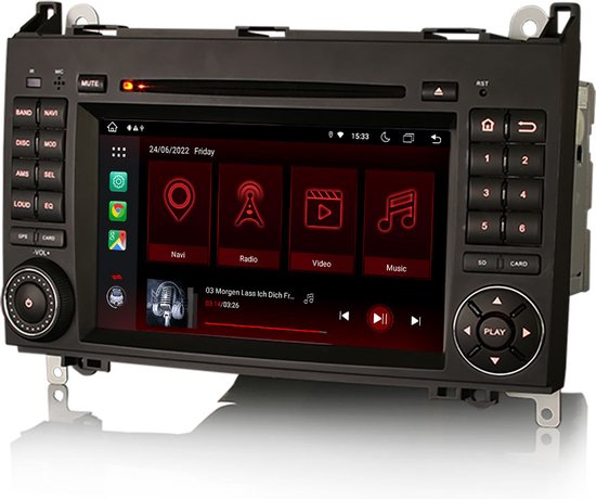 Zwart Carplay autoradio met touchscreen. Toont datum, tijd, en de opties Navi, Radio, Video, Muziek.