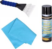 Vitres de voiture Grattoir à glace soft grip 25 cm avec spray de dégivrage pour vitres et chiffon antibuée - Extérieur et intérieur sans glace