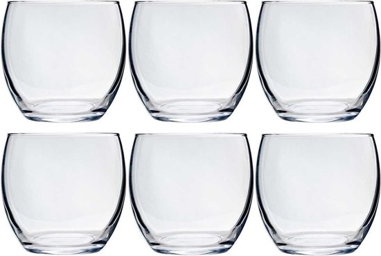 Ensemble de six verres à eau Arcoroc Tumbler, chacun d'une capacité de 340 ml. Les verres sont en verre transparent.