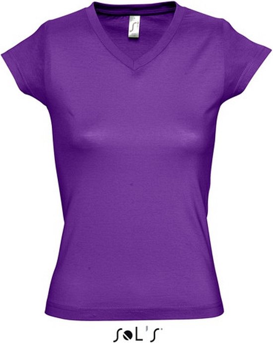 Dames t-shirt V-hals paars 100% katoen slimfit - Dameskleding shirts 36