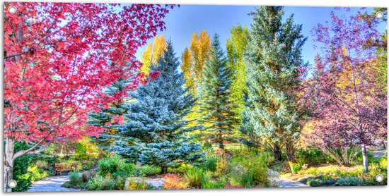 Tuinposter – Parkje - Bomen - Bloemen - Planten - Bankje - Kleuren - 100x50 cm Foto op Tuinposter (wanddecoratie voor buiten en binnen)