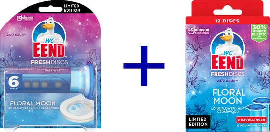WC Eend Fresh Discs Floral Moon starterspakket met 6 discs en navulling met 12 discs.