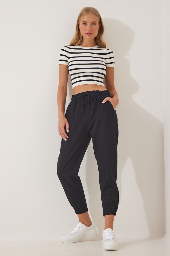 Women's Black Linen Jogger Pants KY00010