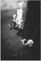 Poster (Mat) - Persoon - Bloem - Roos - Vuur - Zwart - Wit - 80x120 cm Foto op Posterpapier met een Matte look