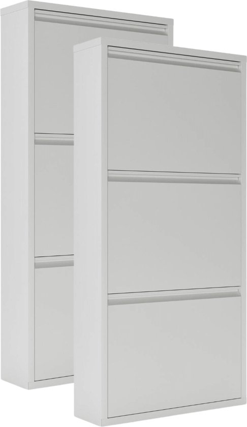 Set van twee witte schoenenkasten met drie vakken elk, gesloten deuren.