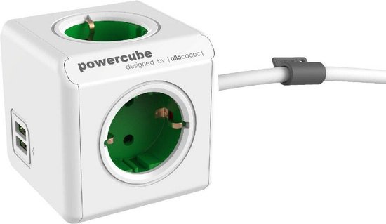 PowerCube Extended Duo USB - Stekkerdoos met USB en Schakelaar - 4 stopcontacten - 2 USB laders - 1.5 meter kabel - Wit/Groen