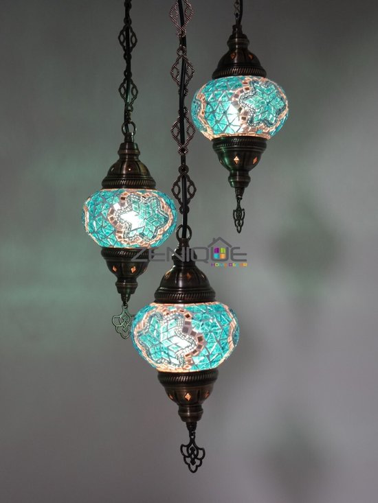 Lampe Turque - Suspension - Lampe Mosaïque - Lampe Marocaine - Lampe Orientale - ZENIQUE - Authentique - Handgemaakt - Lustre - Turquoise - 3 Ampoules