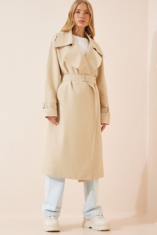 Women's Cream Belted Long Trench Coat DM00104