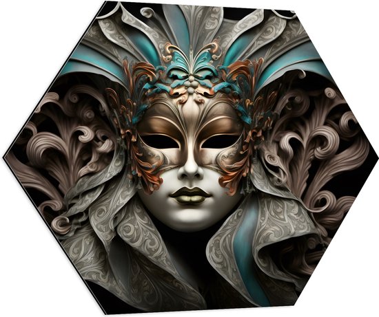 Dibond Hexagon - Wit Venetiaanse carnavals Masker met Blauwe en Gouden Details tegen Zwarte Achtergrond - 70x60.9 cm Foto op Hexagon (Met Ophangsysteem)