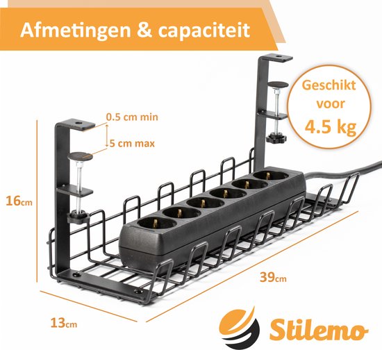 Stilemo Kabelgoot Bureau Klemmen - Cable Management - Kabelhouder Zonder Boren Monteren - Kabelbox 38 CM - Kabel Organiser onder Bureau 4.5 KG Draagkracht - Zwart