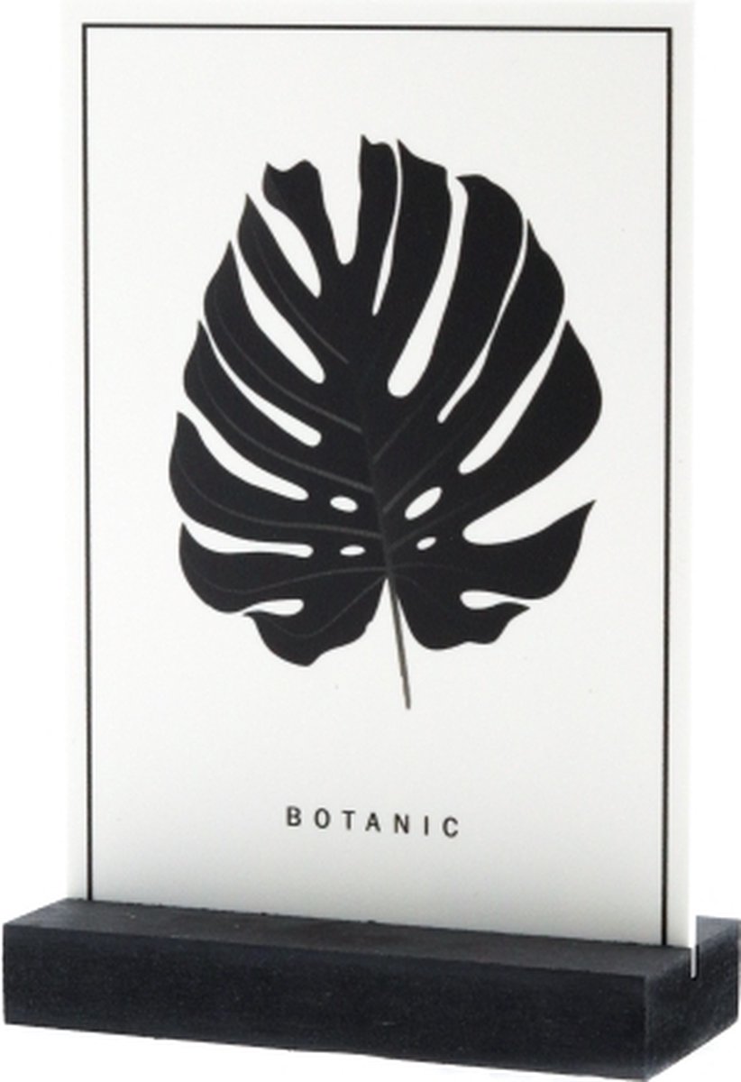 Luxe Kunststofplaatje - "Blad (Botanic)" - Met Houder - 12x17 cm - Forex Bord - Zwart/Wit - Hoogwaardige Kwaliteit - Reclame platen - Horeca Decoratie - Woondecoratie - Wandbord - Duurzaam