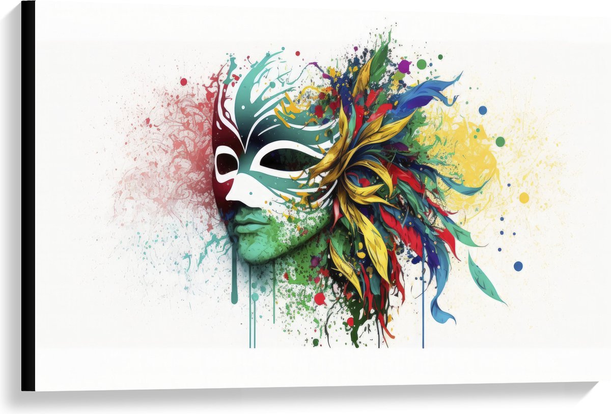 Canvas - Waterverf Tekening van Kleurrijke Carnavals Masker tegen Witte Achtergrond - 90x60 cm Foto op Canvas Schilderij (Wanddecoratie op Canvas)