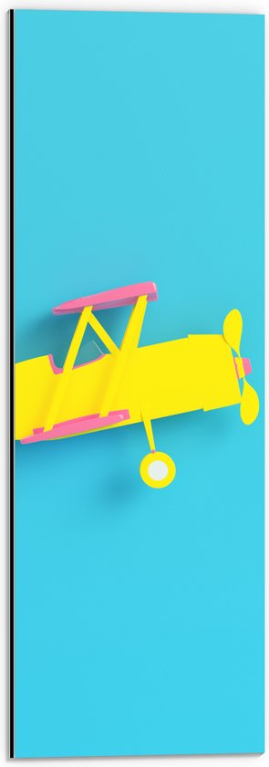 Dibond - Zijaanzicht van Felgeel Zweefvliegtuig met Roze Details tegen Blauwe Achtergrond - 20x60 cm Foto op Aluminium (Met Ophangsysteem)