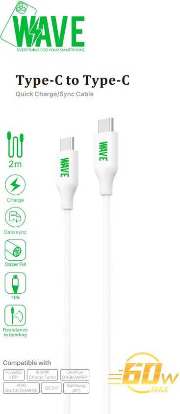 WAVE USB-C naar USB-C data en snellaadkabel 60W - 2M | bol.com