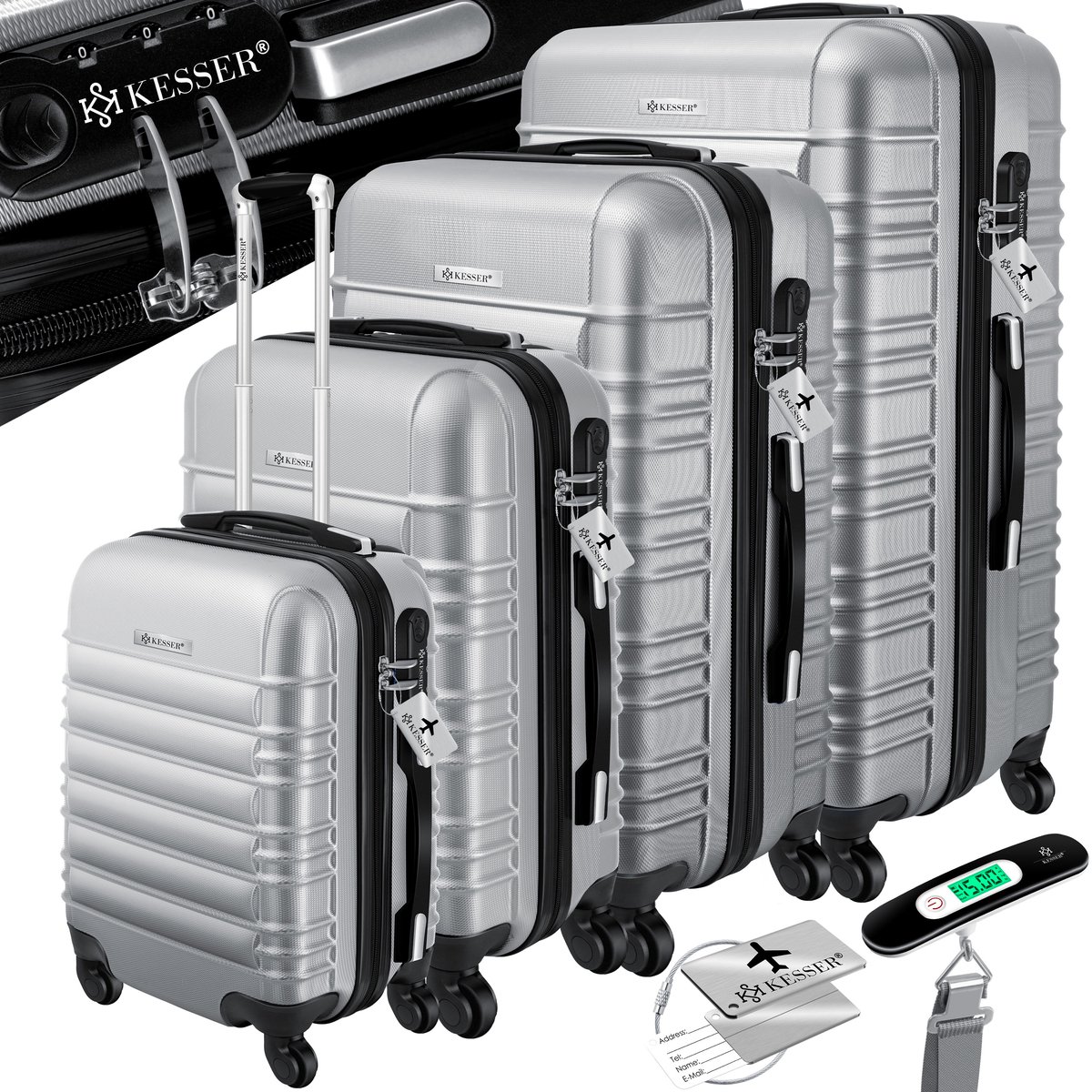 KESSER® 4x Koffer, reiskofferset, trolley koffer, incl. bagageweegschaal + bagagelabel rollend kofferslot, 4 wielen ABS, harde schaal telescoopgreep S-M-L-XL - Zilver