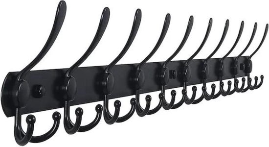 Kapstok 86 CM Zwart RVS Wandkapstok met 30 Ophanghaken voor aan de muur - Kapstokken met Zwarte Wandhaken - Inclusief bevestigingsmateriaal