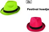 2x Festival hoed combi pink en neon groen mt.59 - Stro -Hoofddeksel hoed festival thema feest feest party