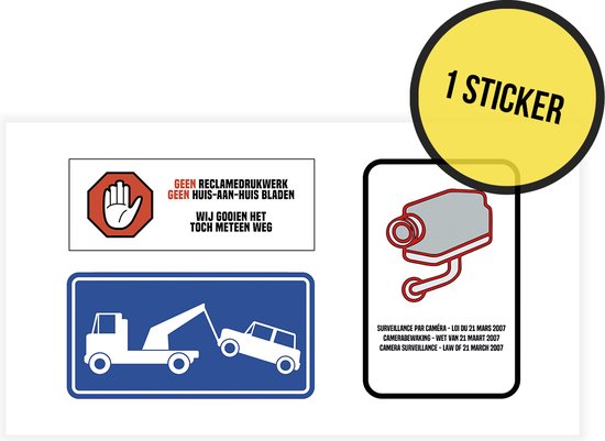 Foto: Pictogram brievenbus sticker 3 in 1 geen reclamedrukwerk parkeerverbod camerabewaking 20 x 10 cm geen publiciteit wegsleepregeling van toepassing parkeeroverlast cctv wetgeving maart 2007 sticker brievenbus 1 stuk