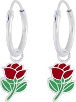 Joy|S - Zilveren rode bloem bedel oorbellen roosje oorringen