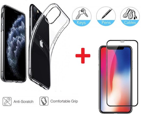 2-In-1 beschermingset Geschikt Voor Apple iPhone 11 Pro Max - Full Cover 3D Edge Tempered Glass Screenprotector met Siliconen Backcover Case - Transparant