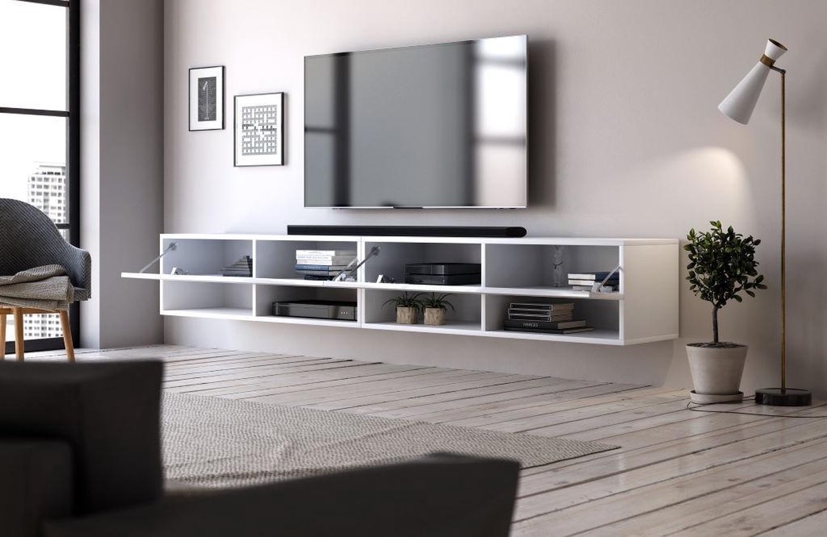 Meuble TV suspendu blanc brillant 200 cm - Design élégant et moderne | bol