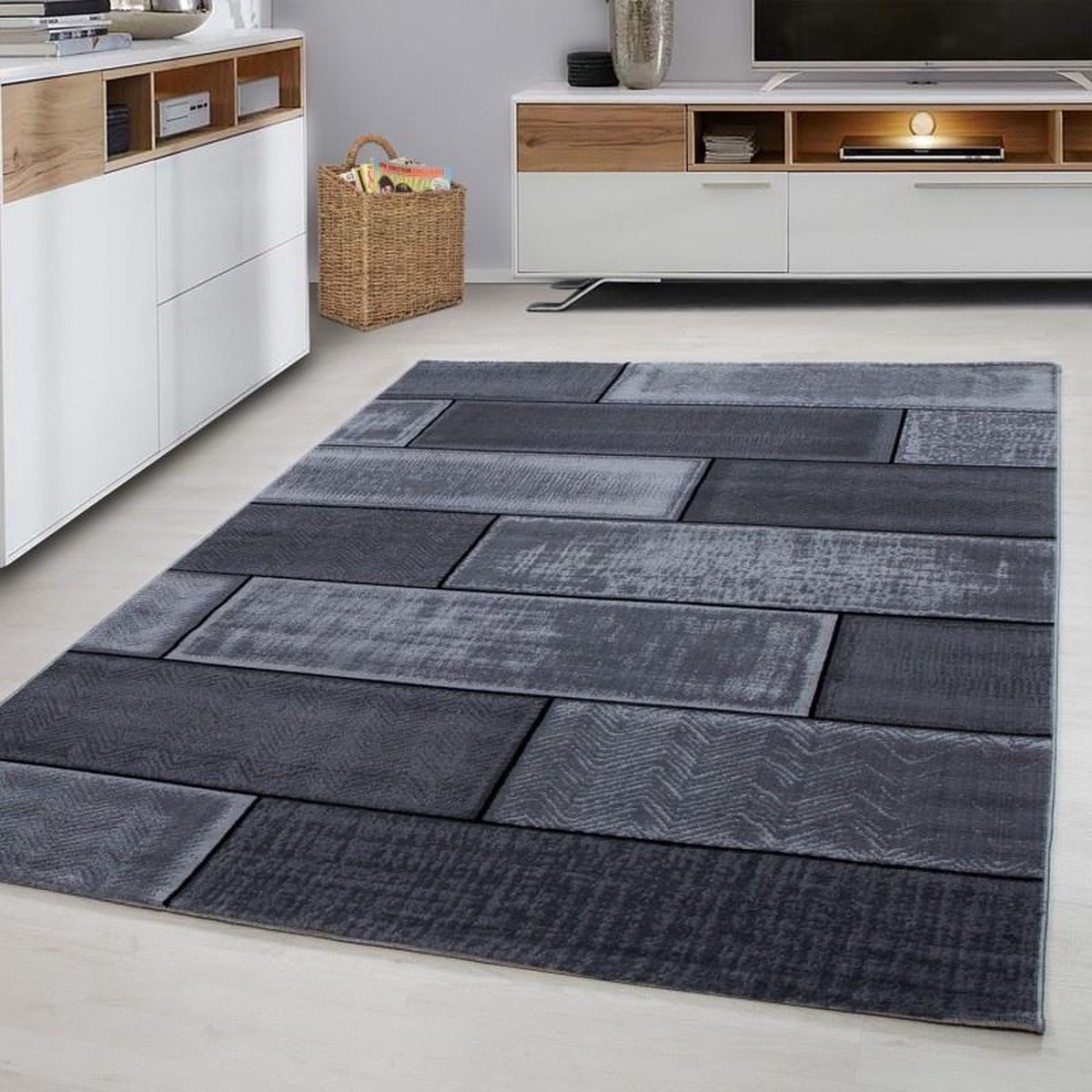 Laagpolig vloerkleed, steenmotief, zwart, woonkamerkleed, jute achterkant, afmeting: 160 cm x 230 cm