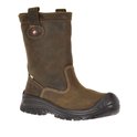 Bruine leren werklaars met zwarte zool, stiksels en logo op de zijkant.