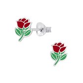 Joy|S - Zilveren rode bloem oorbellen roosje