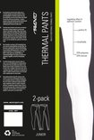Verpakking van twee witte junior thermobroeken met informatie over de eigenschappen en samenstelling: 50% polyester, 50% viscose.