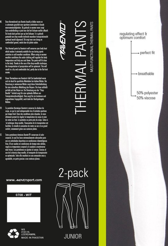 Verpakking van twee witte junior thermobroeken met informatie over de eigenschappen en samenstelling: 50% polyester, 50% viscose.