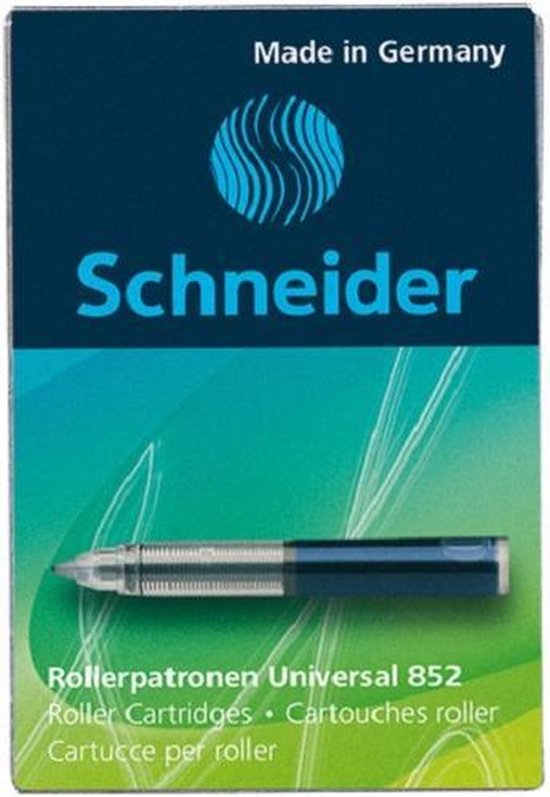 Doosje Schneider Rollerpatronen Universal 852, gemaakt in Duitsland, met een rollerball pen.