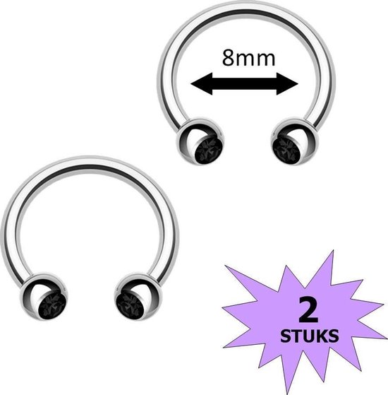 Fako Bijoux® - Piercing Barbell Circulaire - Duo Cristal Fer À Cheval - 8mm - Zwart - 2 Pièces