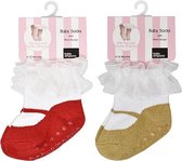Goud en Rode Glitter baby meisje sokjes met organza-0-12 maanden-Anti slip zooltjes-Kraam cadeau-Baby shower