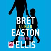 Silhouet van een volwassene en kind tegen blauwe achtergrond, met de titel Lunar Park van Bret Easton Ellis.
