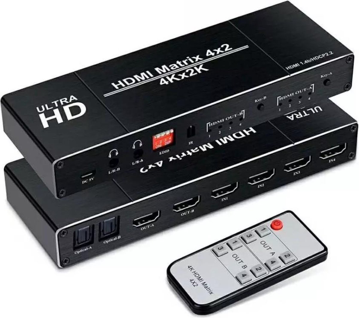 SBVR CHJ1 HDMI Switch & HDMI Splitter 4K 60Hz - 4 in 2 uit - HDMI Matrix - 720p/1080p/4K - Met Afstandsbediening