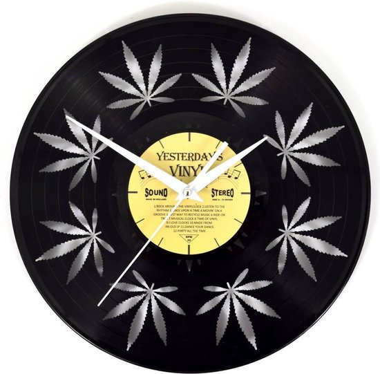 Vinyl Klok met Wiet Blaadjes - Cannabis LP Wandklok - 30 CM