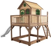 AXI Liam Speelhuis in Bruin/Groen - Met Verdieping, Zandbak en Witte Glijbaan - Speelhuisje voor de tuin / buiten - FSC hout - Speeltoestel voor kinderen