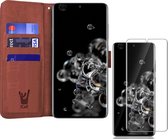 Hoesje geschikt voor Samsung Galaxy S20 Ultra - Screen Protector FlexGuard - Book Case Leer Pasjeshouder Bruin & Screenprotector