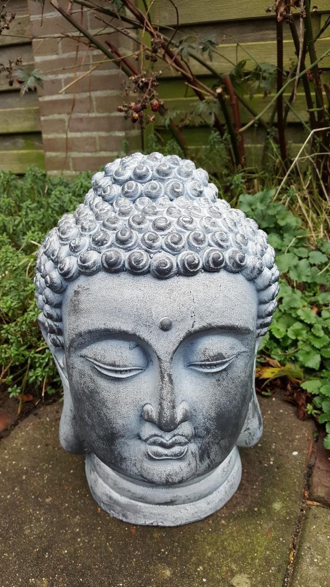 Boeddhahoofd - Beeld - Grijs - Fiberclay - Hoog 37 cm