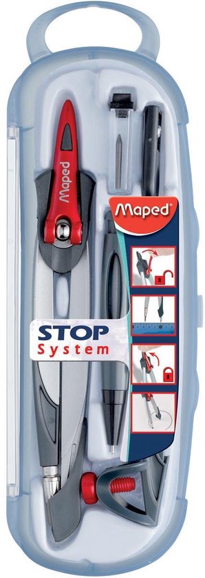 Passer in koffer, rood/grijs/blauw, met Maped 'Stop System' en illustraties.