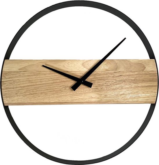 QUVIO Horloge murale minimaliste en bois et acier - Horloge design - Bois et noir - Décoration d'intérieur - Horloge industrielle - Décoration murale salon - Horloge murale