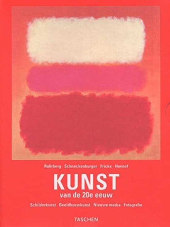 Boek 'Kunst van de 20e eeuw' met rode kaft en abstracte kleurenvlakken in wit, roze en rood.