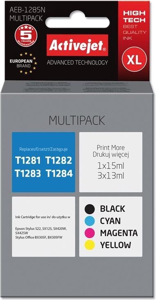 ActiveJet AEB-1285N inkt voor Epson-printer, Epson T1285-vervanging; Opperste; 1 x 15 ml, 3 x 13 ml; zwart, magenta, cyaan, geel.