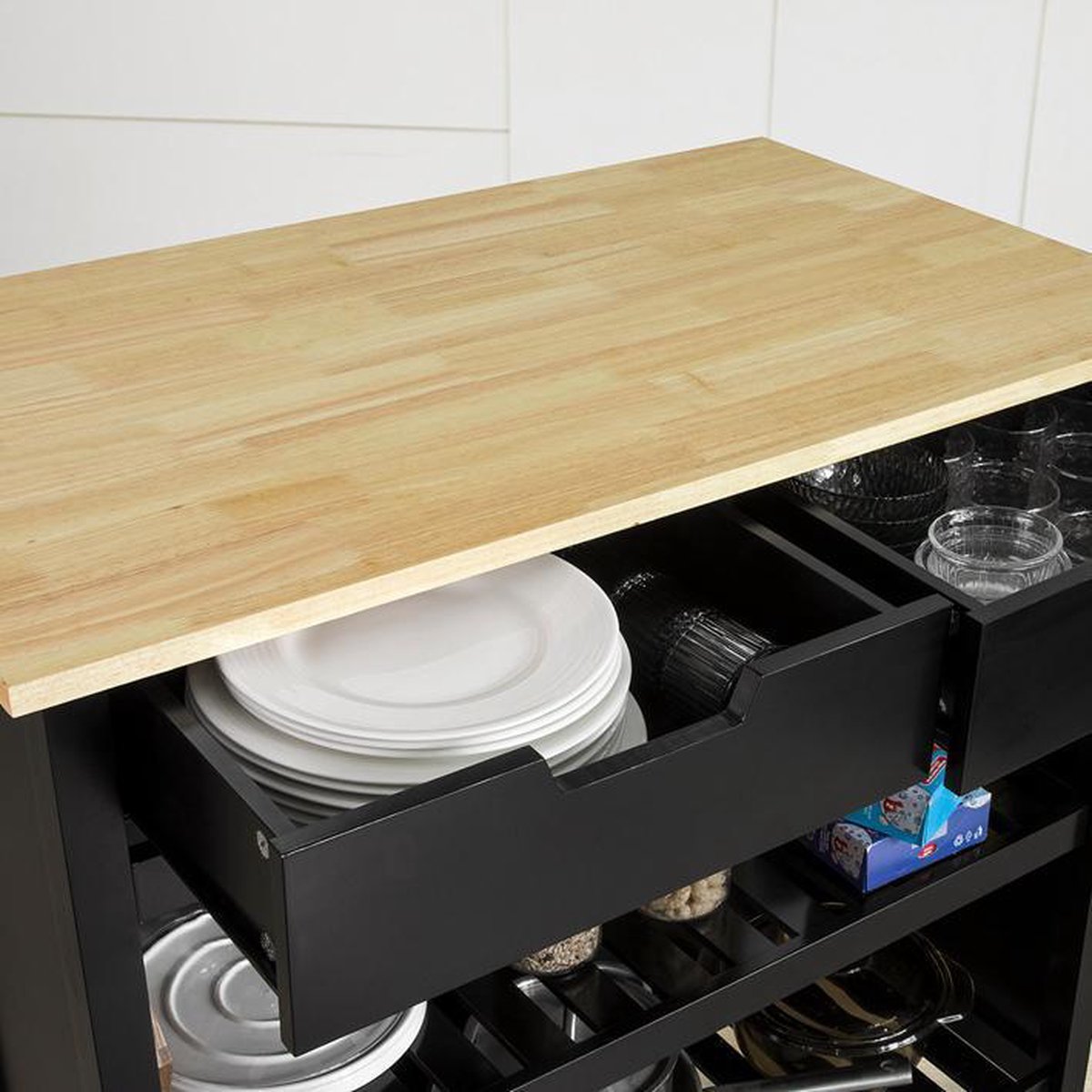 SoBuy Keukentrolley, Keukenkast, Keukenwagen Op Wieltjes Multifunctioneel Keukeneiland Met Werkblad En Zwenkwielen Magnetronkast Van Hout Zwart 59x92x40cm Fsb09 Sch 658079576
