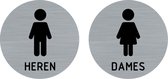 Set van 2 deurbordjes - toiletbord - damestoilet - herentoilet - bordje - dames - heren - rond met RVS look