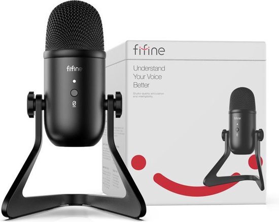 Zwarte Fifine K678 microfoon met standaard, naast de verpakking met een afbeelding van dezelfde microfoon.