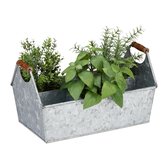 Relaxdays plantenbak verzink - gereedschapskist - 6 vakken - met houten greep - zilver - zilver