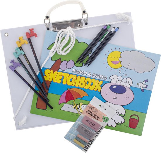 Tekenpakket 15 delig - 4 potloden conté - 4 potloden pastel - 5 gommen - 1 teken kaft - 1 blok tekenpapier